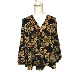 Umgee Top Womens Small Black Brown Floral Balloon Sleeve Formal Boho Workwear
